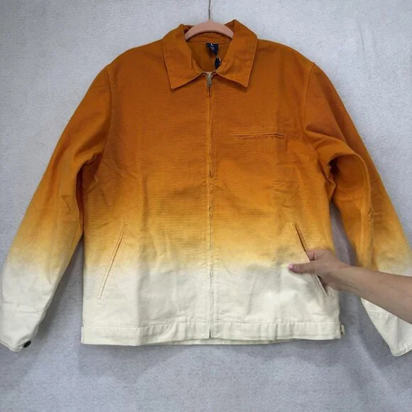 FLAN Jacket Mens Large Orange White Ombre Dip Dye Zip Front Work Chore Cotton